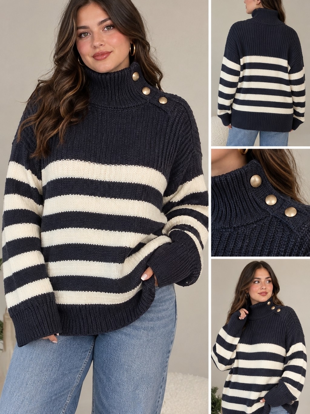 Commense Navy & Cream Striped Turtleneck Sweater with Shoulder Buttons